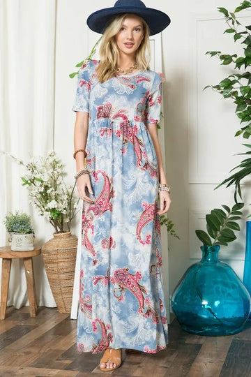 Celeste Full Size Paisley Print Short Sleeve Maxi Dress with Pockets Plus Size