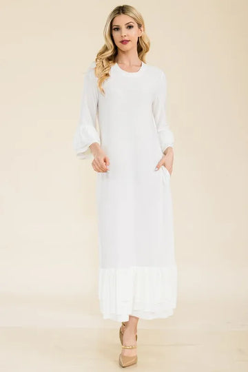Celeste Full Size Modest Midi Dress with 3/4 Ruffle Bell Sleeves Plus Size