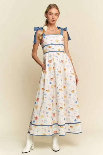 Davi & Dani Denim Binding Detail Smocking Summer Maxi Dress
