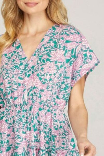She + Sky Full Size Ruffled Hem Printed Surplice Kimono Sleeve Mini Dress Plus Size