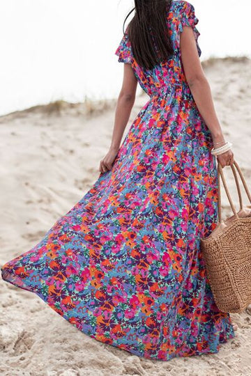 Robe longue fendue à manches courtes et imprimé