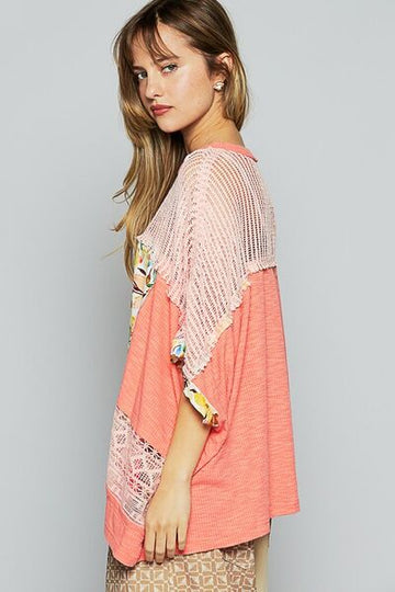 Haut en tricot à manches mi-longues et imprimé floral ajouré POL