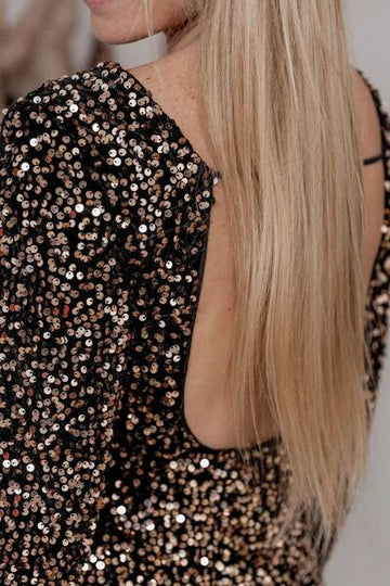 Robe dos nu à paillettes, col rond et manches longues