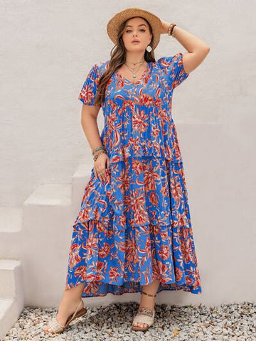 Robe longue à volants et manches courtes, grande taille, imprimée, col en V