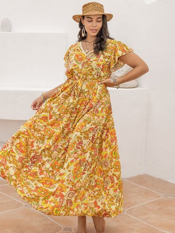 Robe longue imprimée grande taille à col en V et manches flottantes, nouée à la taille