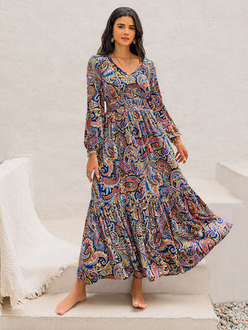 Robe midi imprimée à manches longues et col noué