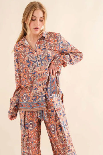 And The Why Satin Paisley Pattern Button Down Shirts