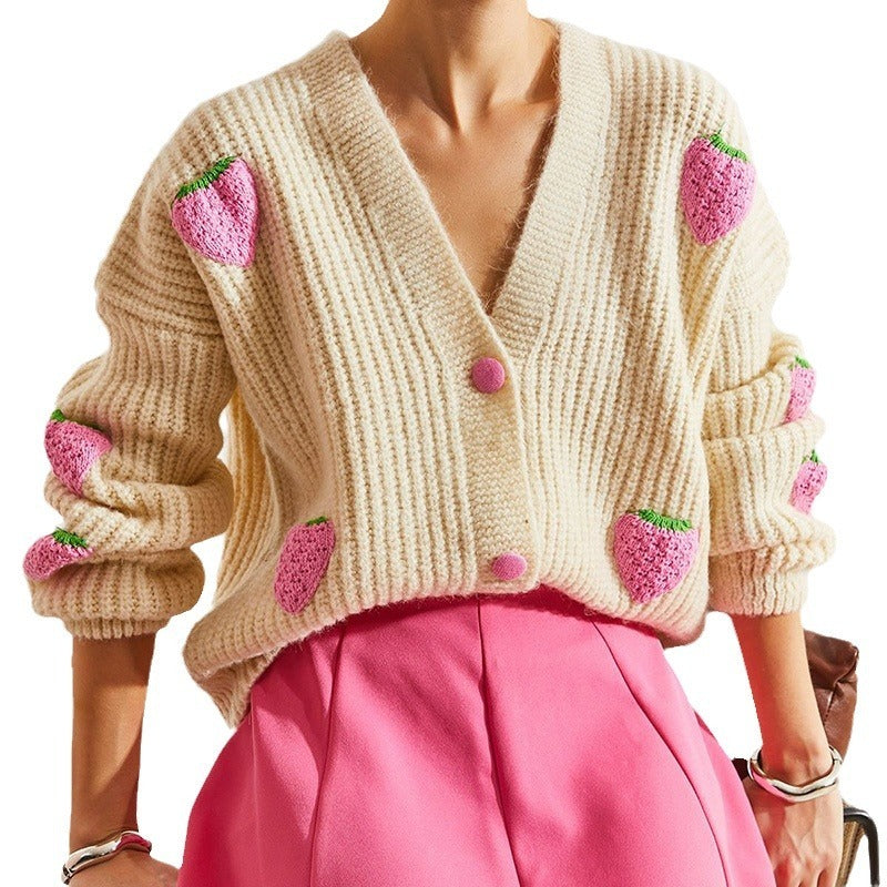 Sweet V-neck Beige Cardigan Sweater