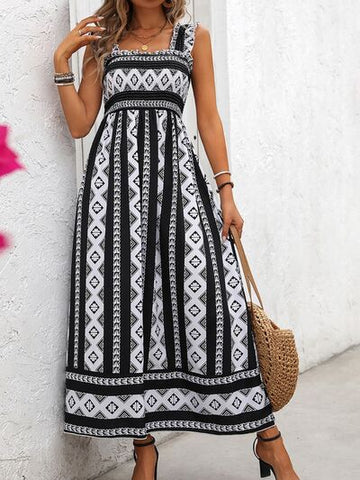 Robe camisole à bretelles larges et col carré imprimé miel