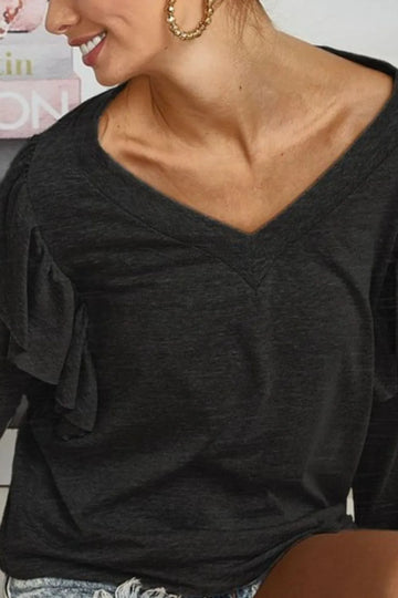 BiBi Triblend V Neck Top with Shoulder Shrring Detail