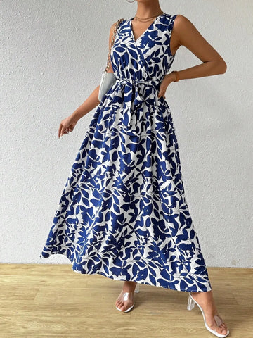 Printed Surplice Sleeveless Maxi Dress