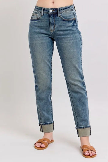 Judy Blue Full Size Mid Rise Vintage Wash Double Roll Cuff Boyfriend Jeans Plus Size