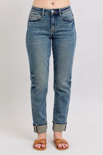 Judy Blue Full Size Mid Rise Vintage Wash Double Roll Cuff Boyfriend Jeans Plus Size