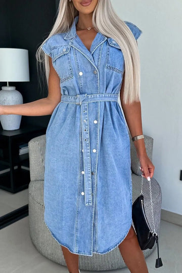 Button Front Denim Dress with Pockets