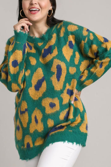 Umgee Full Size Leopard Destroyed Rib Band Sweater Plus Size
