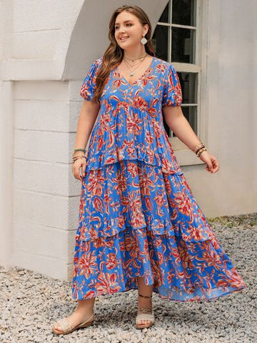 Robe longue à volants et manches courtes, grande taille, imprimée, col en V