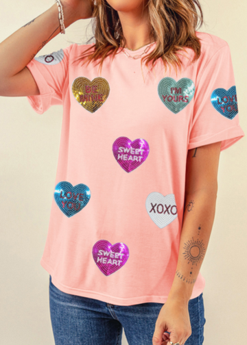 T-shirt à manches courtes et col rond en forme de cœur à paillettes pour la Saint-Valentin