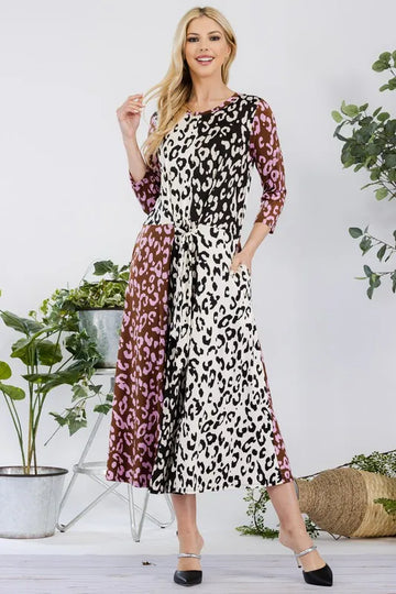 Celeste Full Size Leopard Color Block Front Tie Midi Dress Plus Size