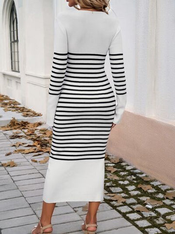 Robe pull à manches longues et col en V rayée Devine