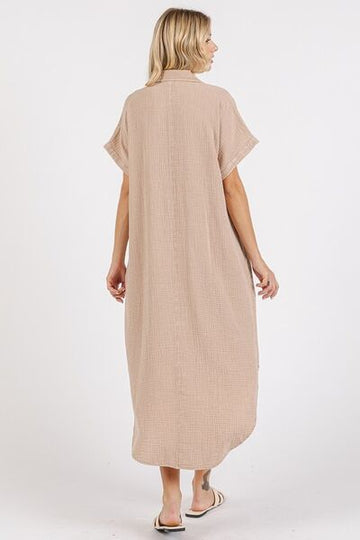 Robe chemise mi-longue boutonnée à col en V et délavée minérale Mittoshop