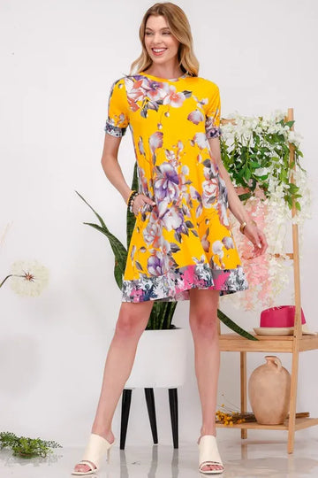 Celeste Full Size Floral Short Sleeve Mini Dress with Pockets Plus Size