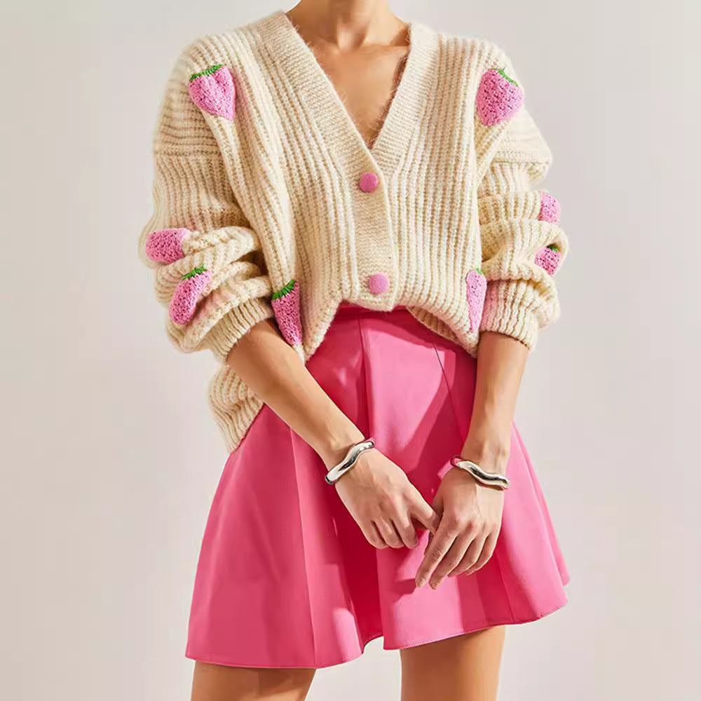 Sweet V-neck Beige Cardigan Sweater