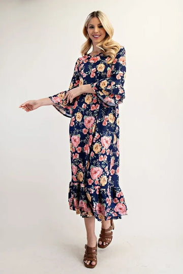 Celeste Full Size Soft Floral Ruffle Trim Dress Plus Size