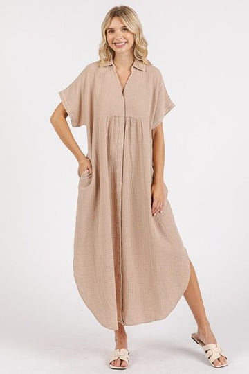 Robe chemise mi-longue boutonnée à col en V et délavée minérale Mittoshop