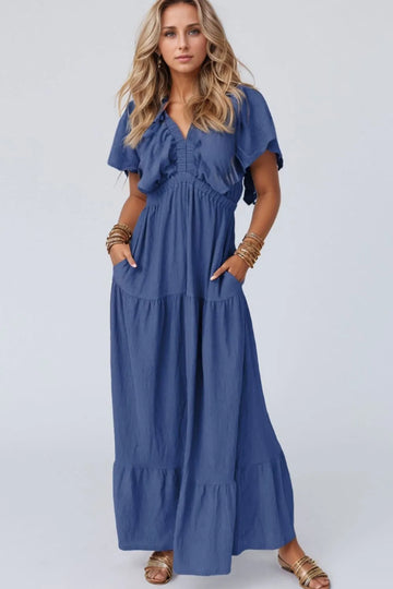 Ruffled V-Neck Short Sleeve Maxi Dress