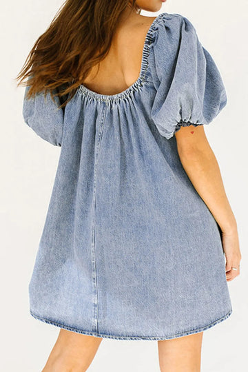 Bubble Sleeve Square Neck Denim Babydoll Dress