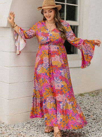 Robe longue imprimée grande taille à col en V et manches longues