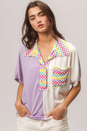 BiBi Color Block Knit with Multi Checker Contrast Top