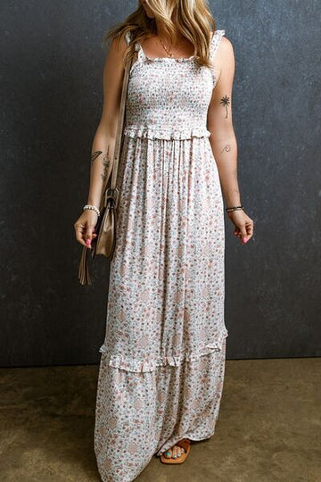 Robe longue sans manches à volants et smocks imprimés