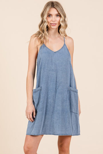 Robe mini en jean délavée à poches plaquées Mittoshop