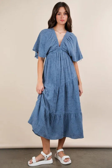 VERY J Mineral Washed Elastic Neck Detail Midi Dress