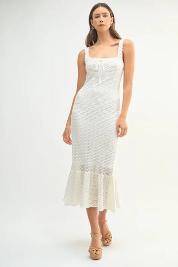 MABLE Ruffled Hem Sleeveless Crochet Knit Midi Dress