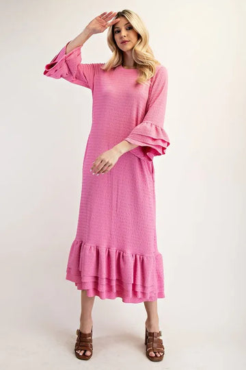 Celeste Full Size Textured Ruffle Hem Modest Dress Plus Size