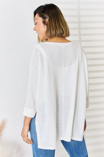 Haut Zenana en tricot gaufré à col en V et manches longues fendues