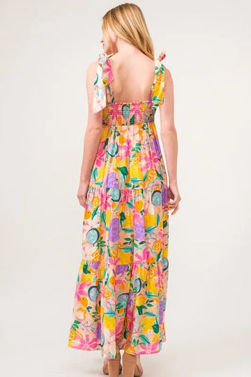 And The Why Shoulder Strap Tropical Fruit Printed Tiered Maxi Dress