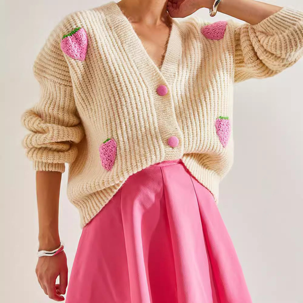 Sweet V-neck Beige Cardigan Sweater