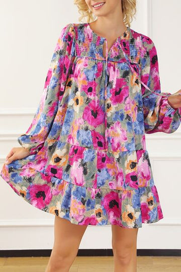 Mini-robe imprimée à manches longues et col noué
