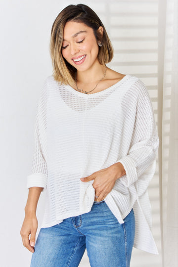 Haut Zenana en tricot gaufré à col en V et manches longues fendues