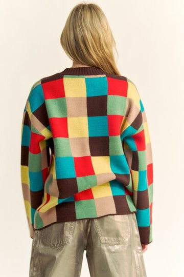 Pull à carreaux et épaules tombantes à blocs de couleurs Davi & Dani