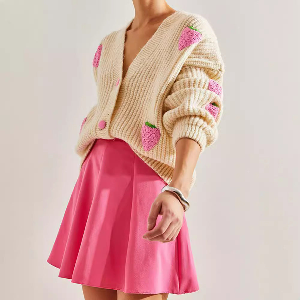 Sweet V-neck Beige Cardigan Sweater