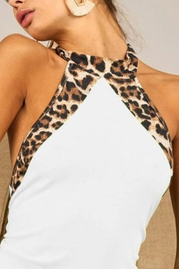 BiBi Triblend Leopard Halter Neck Tied Detailed Top
