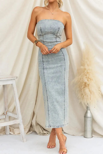 Slit Back Tube Denim Dress