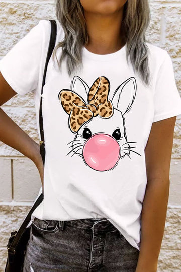 T-shirt à manches courtes et col rond avec motif léopard et lapin