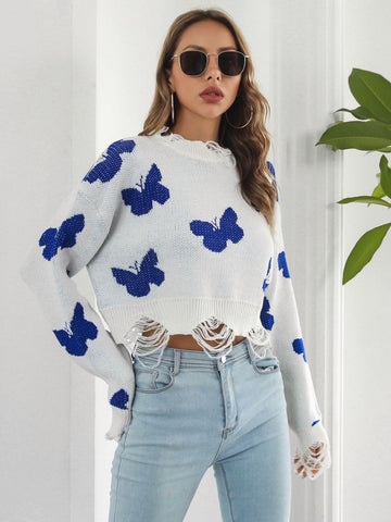 Distressed Butterfly Cropped Sweater
