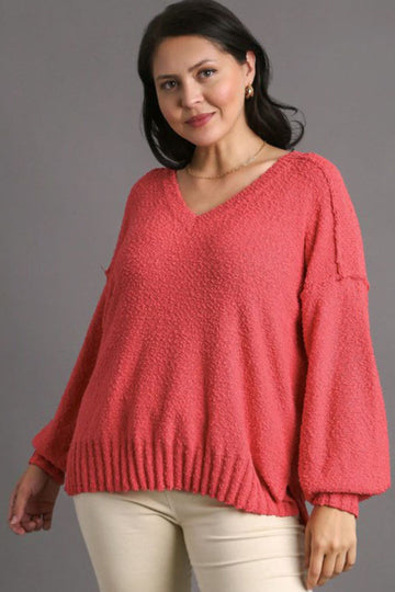 Umgee Full Size Dropped Shoulder Side Slit Sweater Plus Size