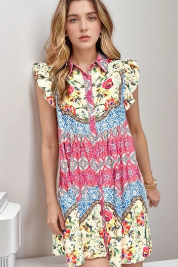 Floral Mixed Pattern Ruffle Flutter Sleeve Buttoned Dress
